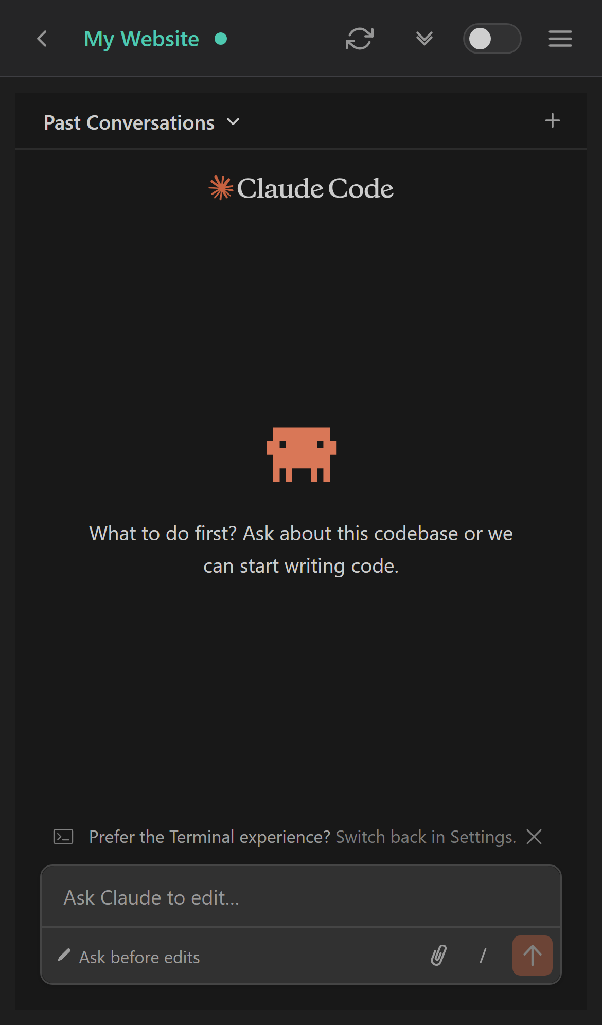 Claude Code mobile interface showing the chat area and input box