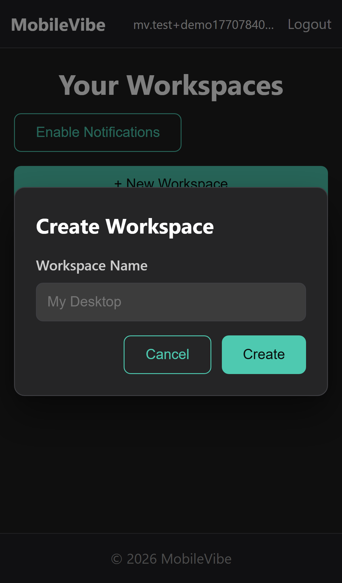 Create Workspace dialog with name field